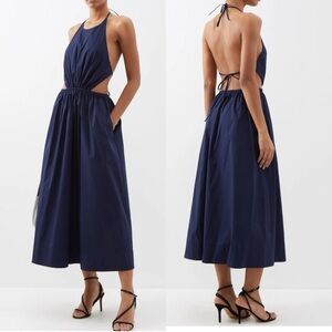 STAUD Vanessa halterneck cotton blend poplin dress pocket tie back midi navy xl